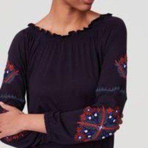 Loft Smocked Neckline top with Embroidered Sleeves